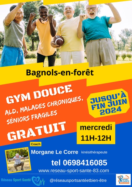 Affiche pour Gym Douce, tout les mercredis de 11h à 12h jusqu'à fin juin 2024. Pour plus d'informations merci de contacter Mme LE CORRE au 06 98 41 60 85