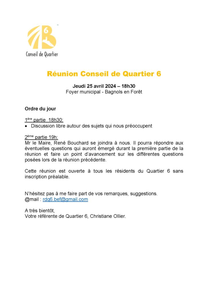 Ordre du jour du conseil de quartier. Jeudi 25 avril à 18h30.